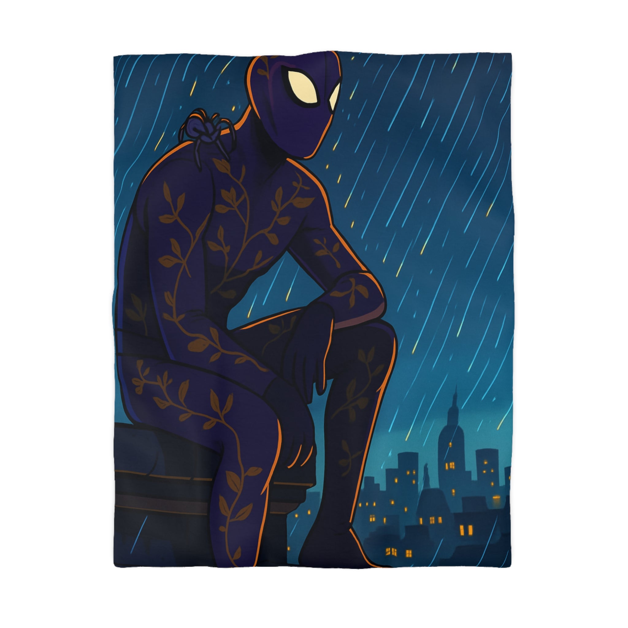 Housse de couette violette avec super-héros mystérieux sous la pluie nocturne colorée