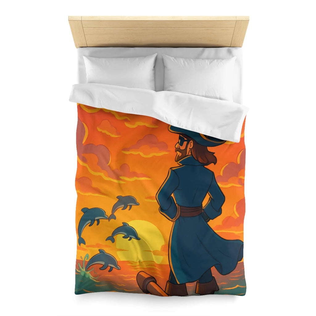 Housse de couette avec pirate contemplant dauphins sous ciel flamboyant au coucher du soleil