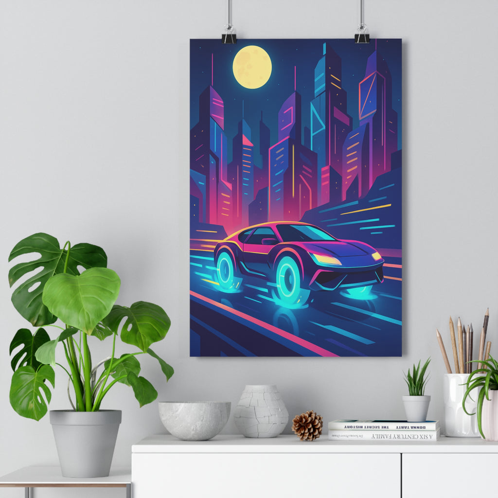 Poster décoratif futuriste néon bleu violet rose voiture ville dynamique salon chambre moderne qualité