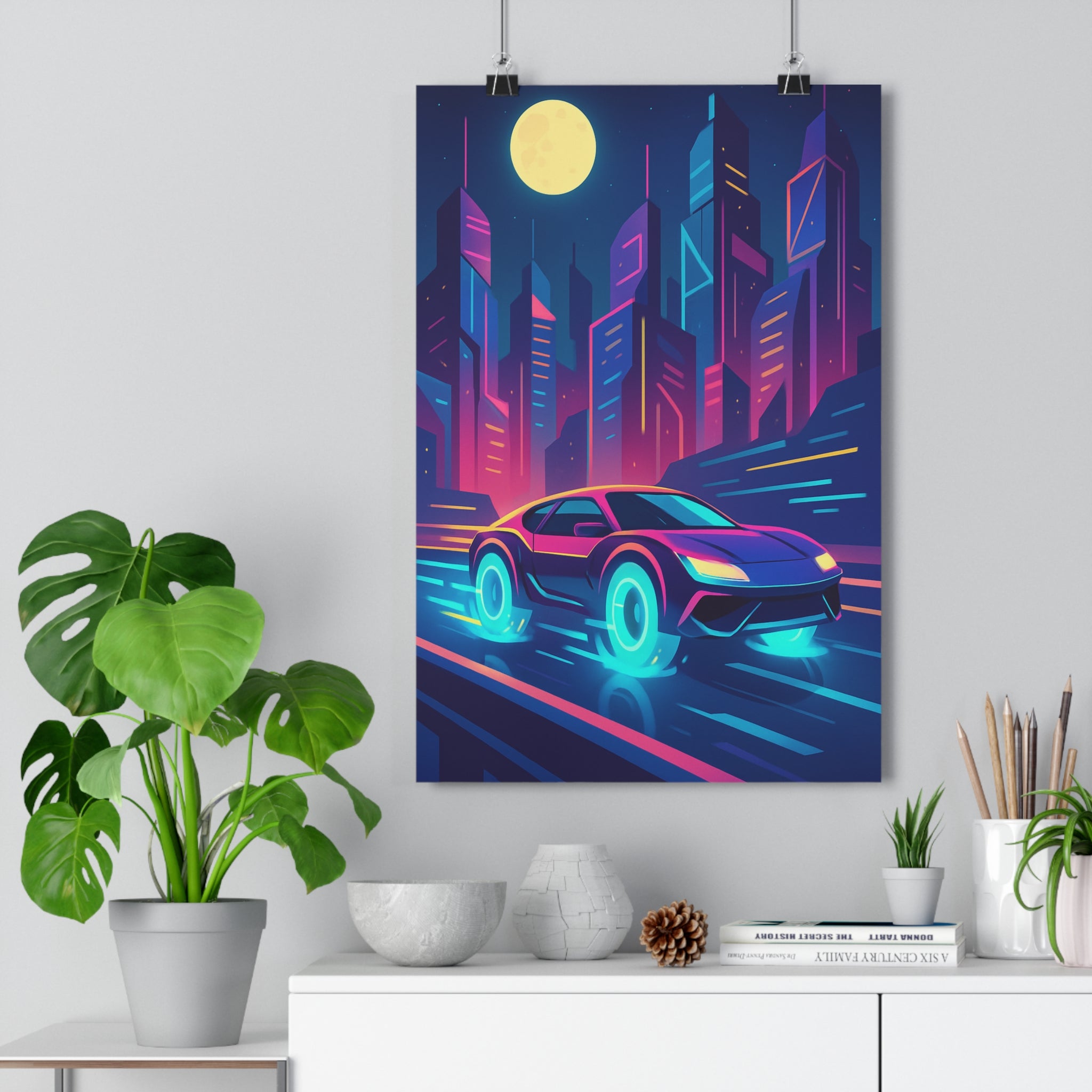Poster décoratif futuriste néon bleu violet rose voiture ville dynamique salon chambre moderne qualité