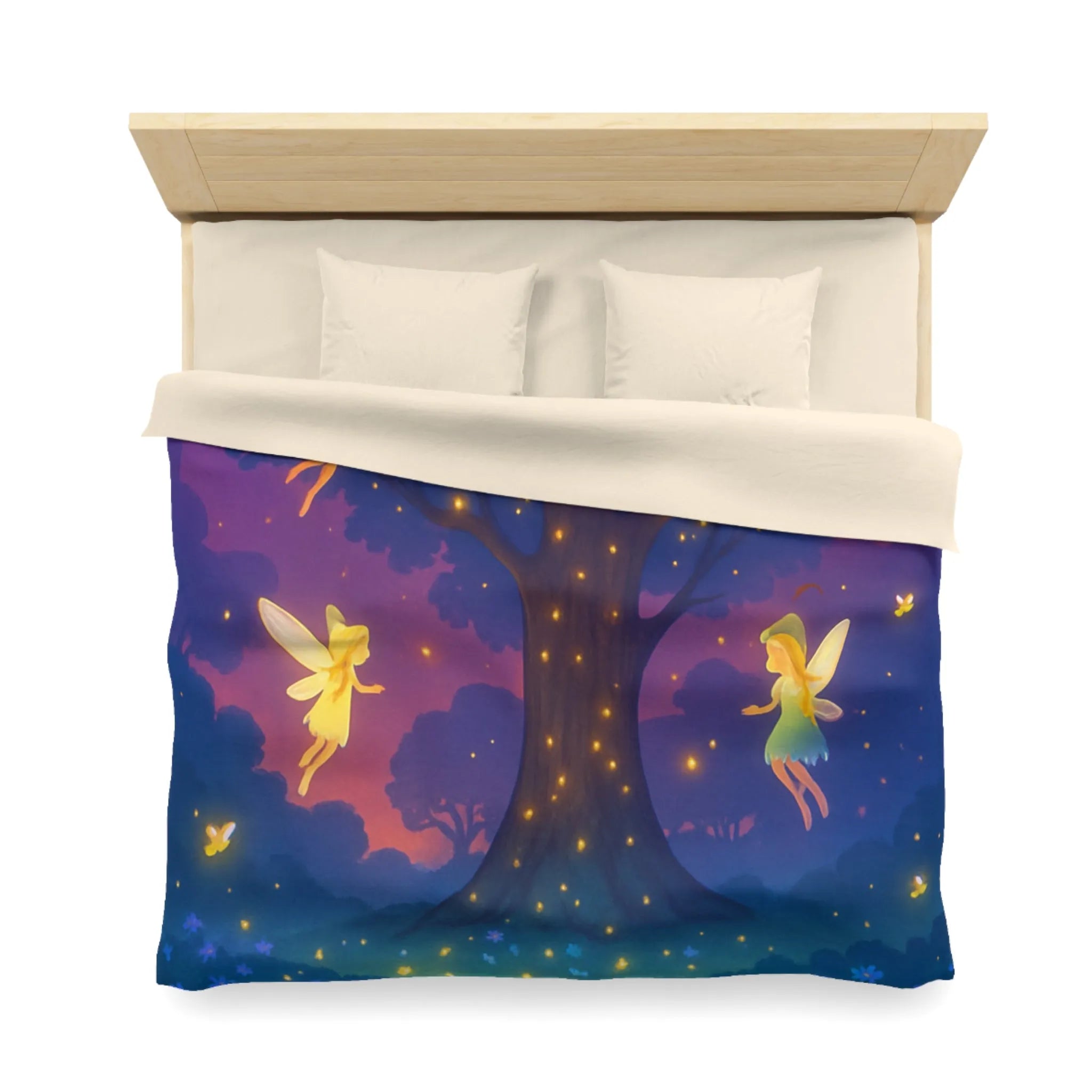 Housse de couette féérique avec fées lumineuses et fleurs colorées pour chambre magique