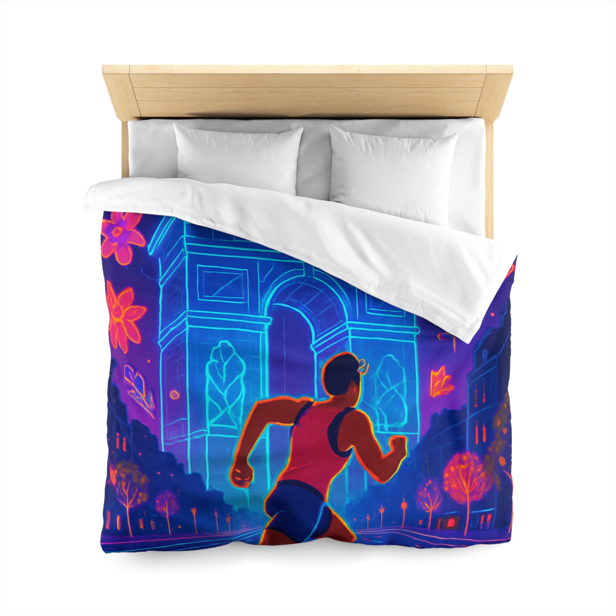 Housse de Couette Vibrante : Coureur Devant Monuments et Fleurs Scintillantes de Paris