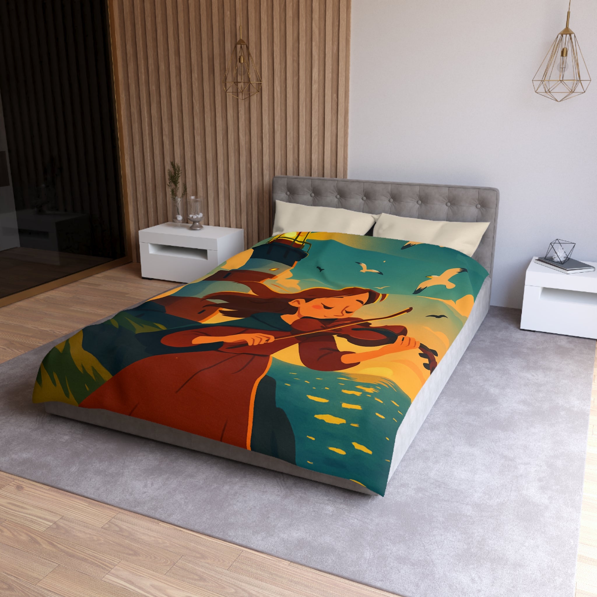 Housse de Couette Unique avec Fille Jouant du Violon Devant un Phare au Crépuscule