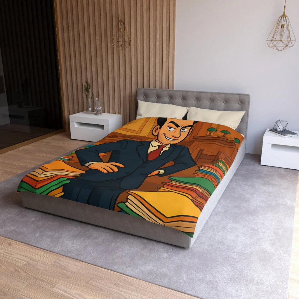 Élégante housse de couette rétro, piles de dossiers colorés, personnage confiant et distingué