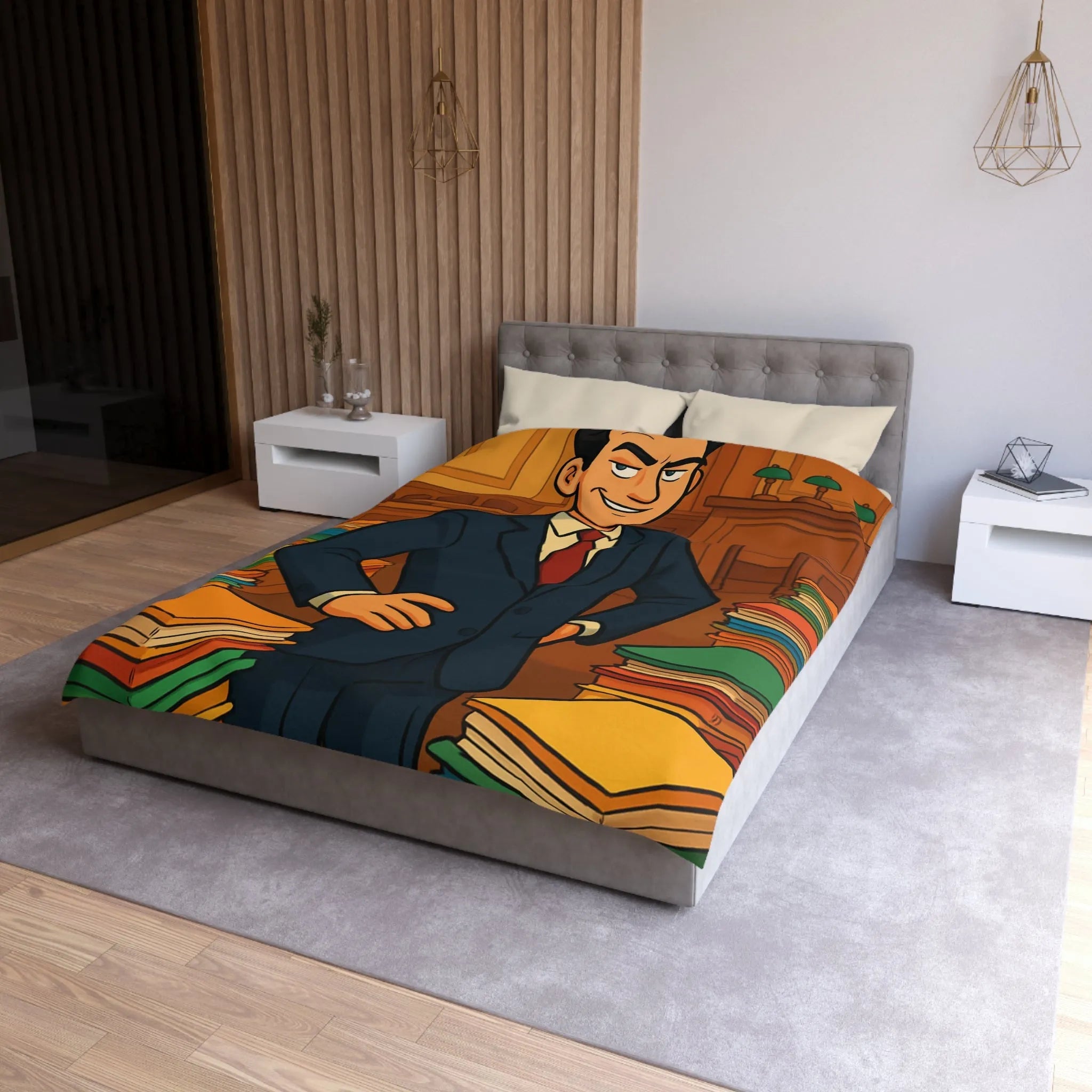 Élégante housse de couette rétro, piles de dossiers colorés, personnage confiant et distingué