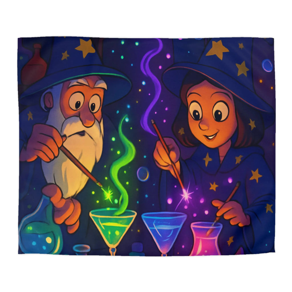 Housse de couette magique avec sorciers et potions dans un atelier enchanteur