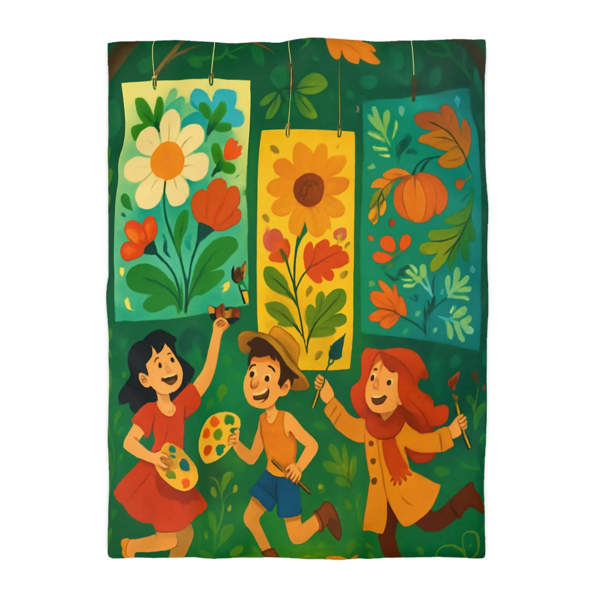 Housse de couette colorée avec design floral et personnages ludiques pour chambre joyeuse