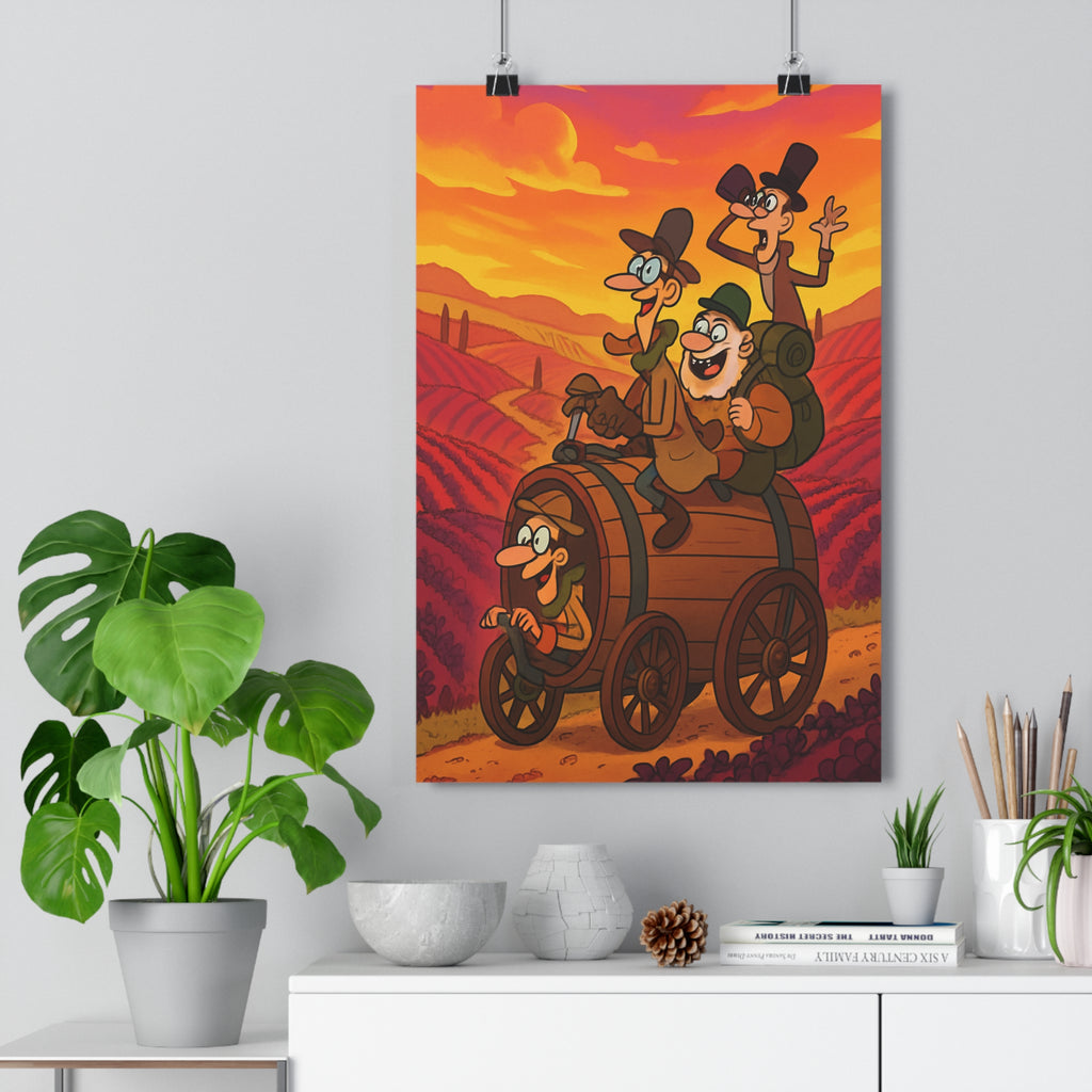 Poster décoratif aventure joyeux bordeaux orange cartoon salon enfant explorateur vignoble paysage véhicule tonique