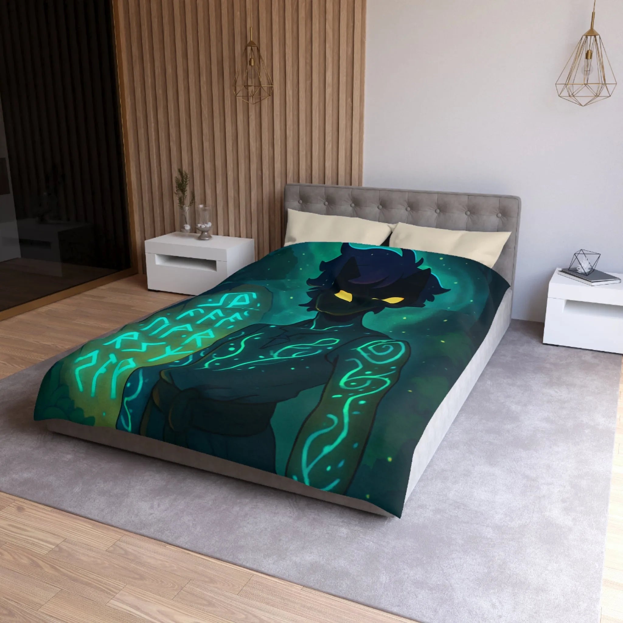 Housse de couette enchantée avec personnage masqué et runes dans une forêt mystique