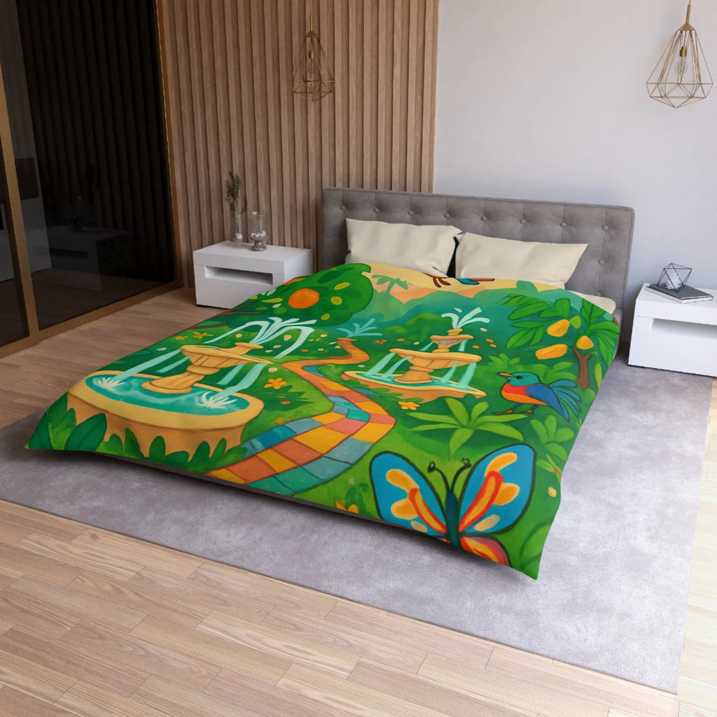 Housse de couette colorée avec oiseaux et fontaines dans jardin tropical vibrant