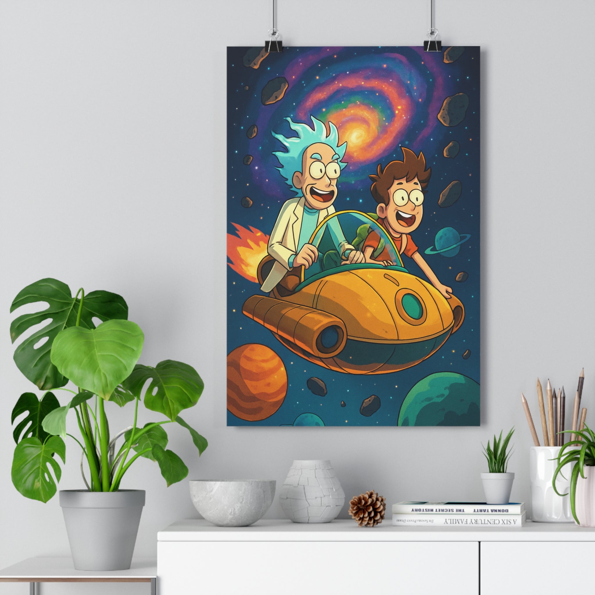 Poster décoratif coloré rétro aventure espace chambre animation dynamique univers planètes vaisseau ludique 80s