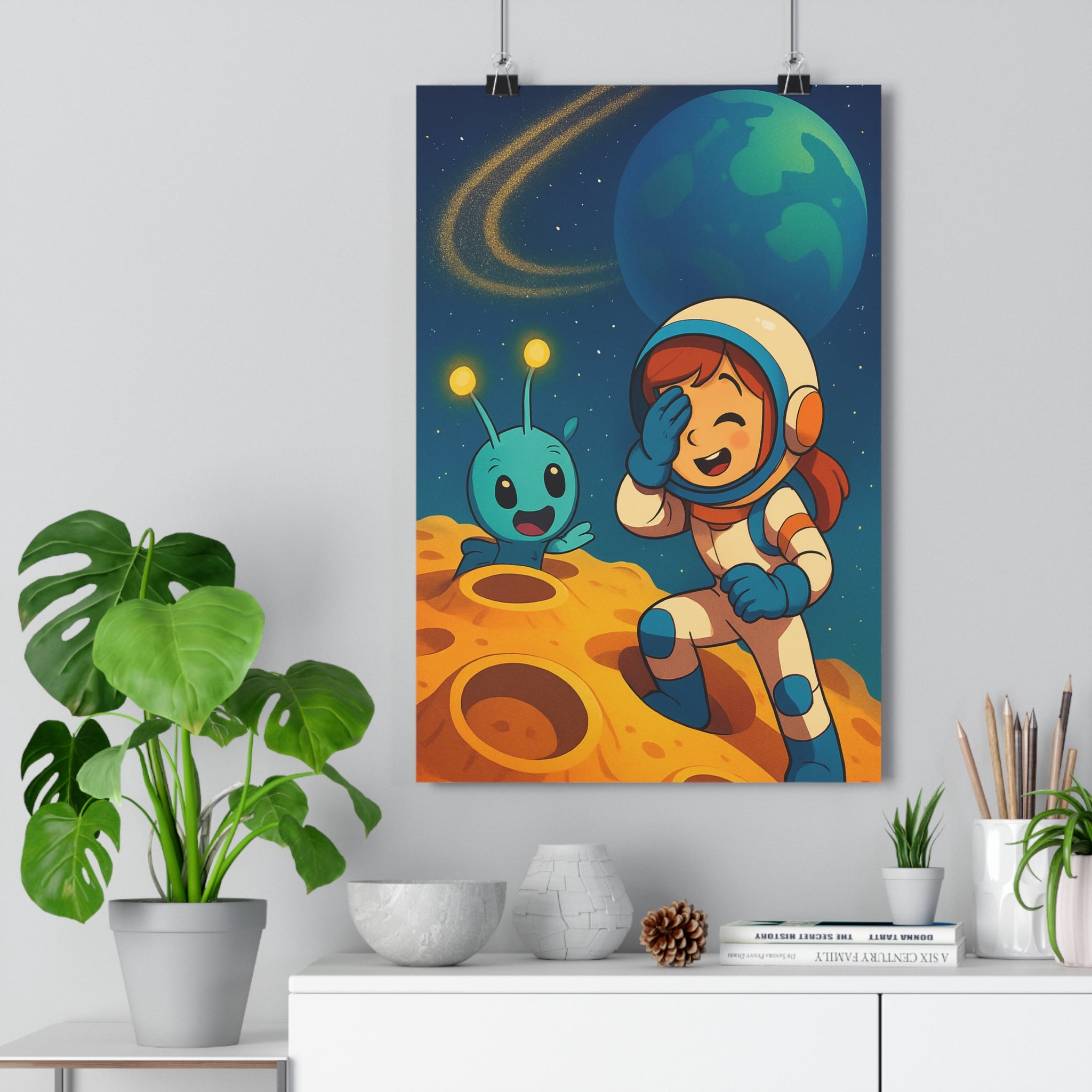 Poster décoratif lunaire enfant bleu jaune cartoon joyeux chambre aventure fantaisie rétro futuriste spaciale