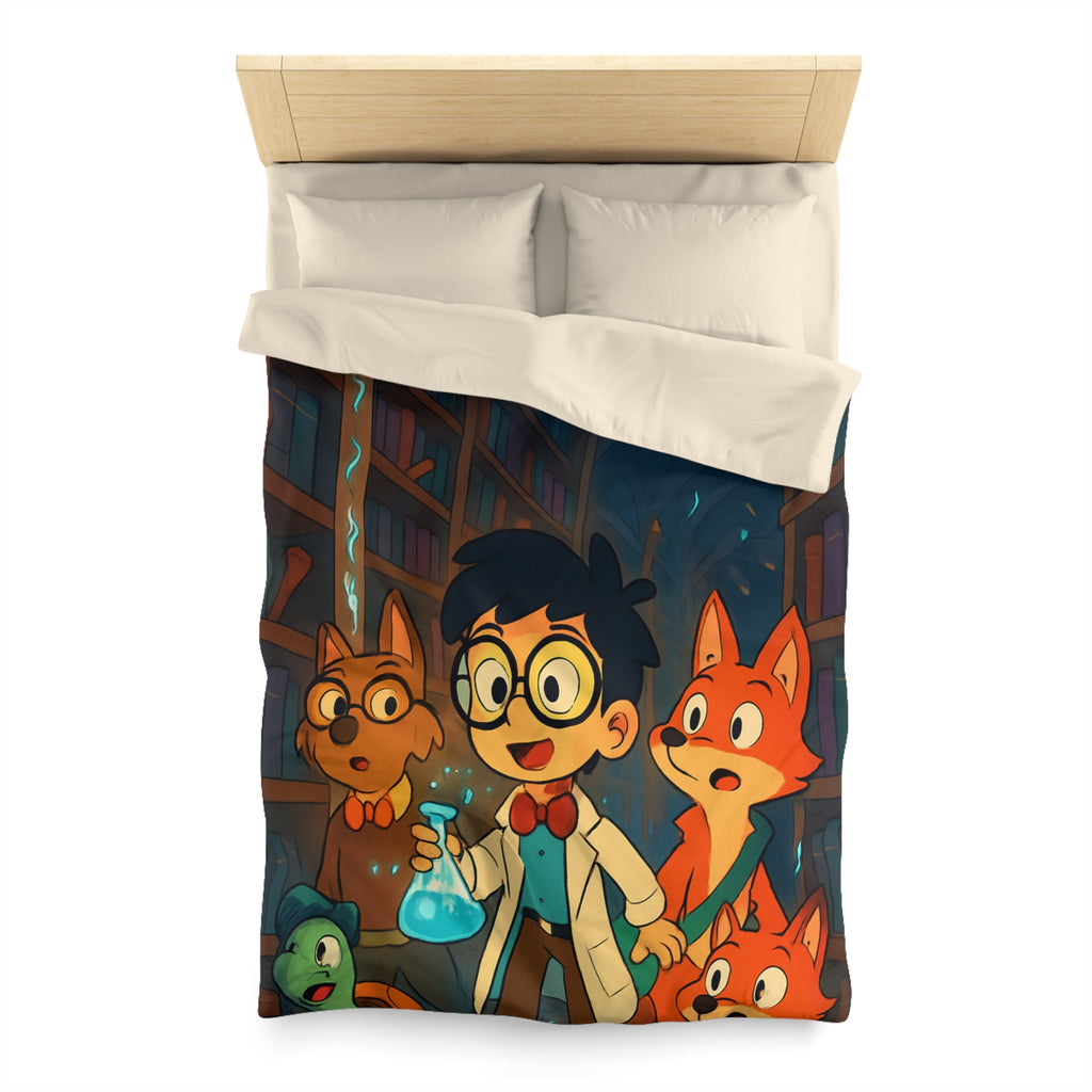 Housse de couette pour enfants avec dessin animé de bibliothèque magique et animaux curieux