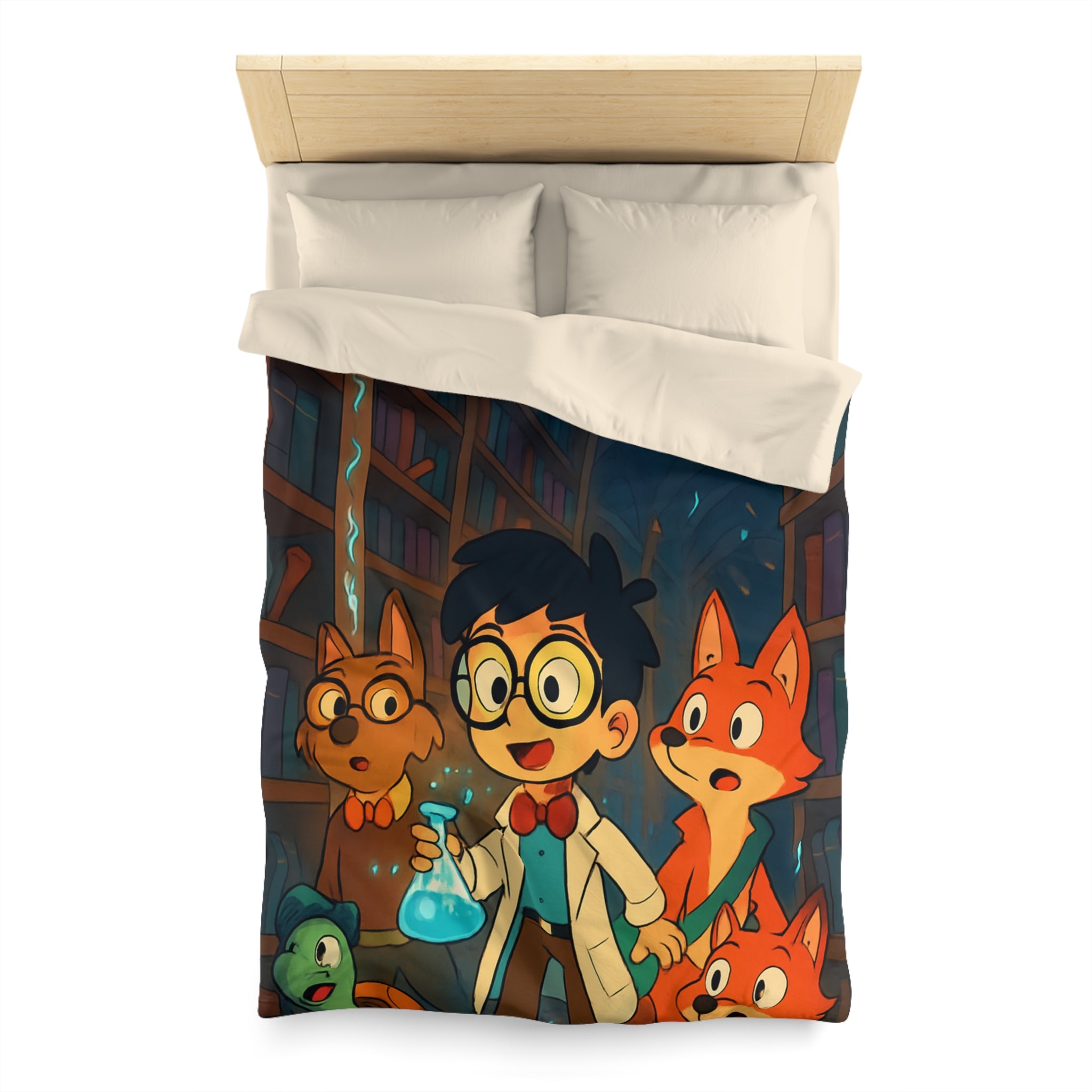 Housse de couette pour enfants avec dessin animé de bibliothèque magique et animaux curieux
