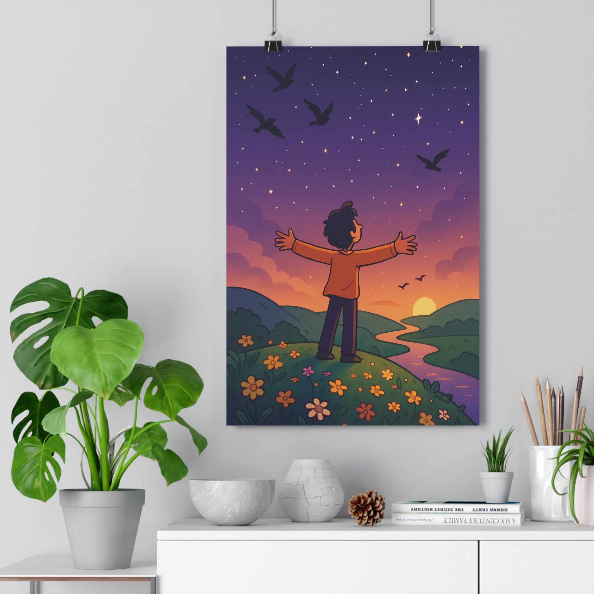 Poster décoratif anime poétique ciel étoilé oiseau coucher soleil rêveur chambre détente ambiance qualité