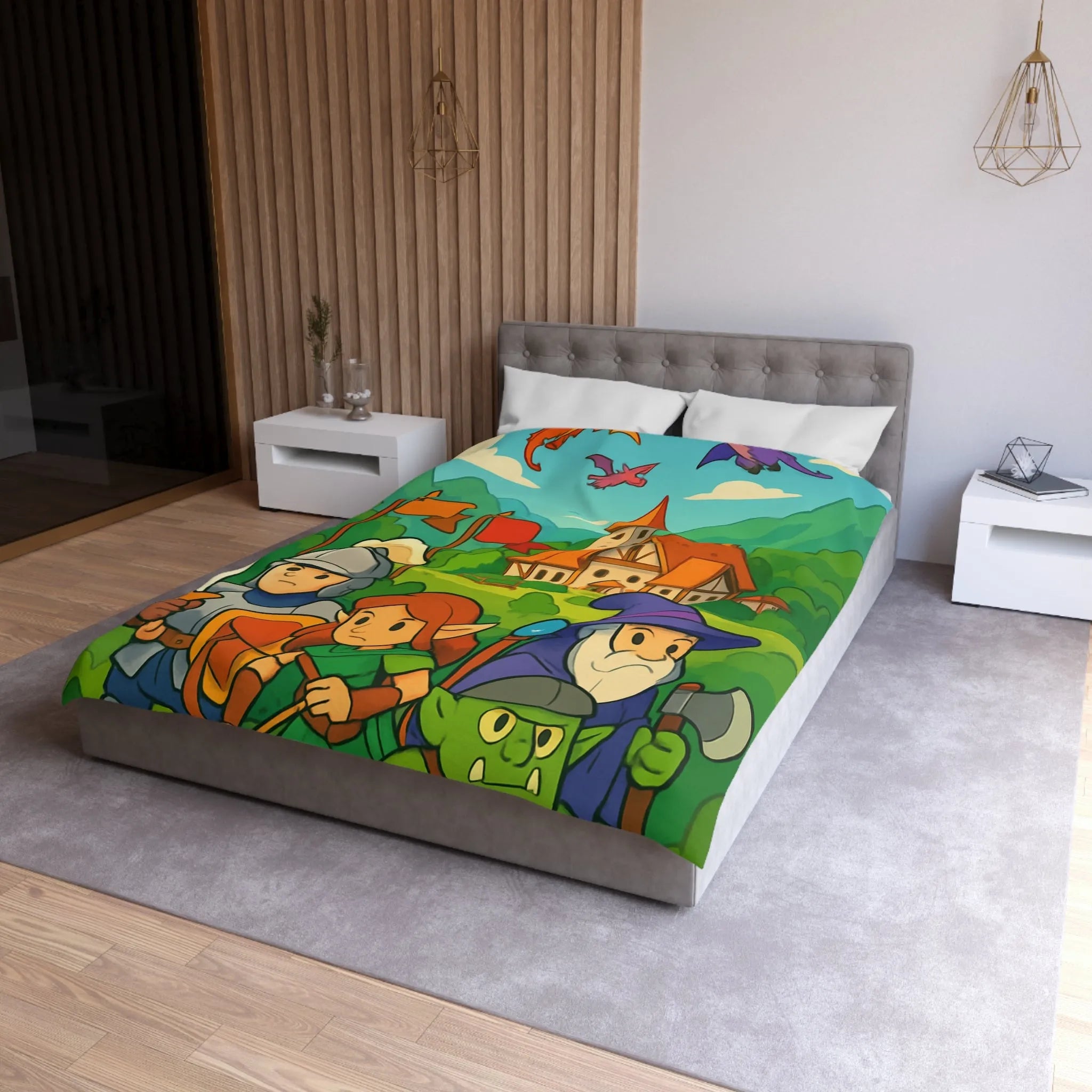Housse de couette aventure médiévale avec dragons, chevalier, elfe, sorcier et troll