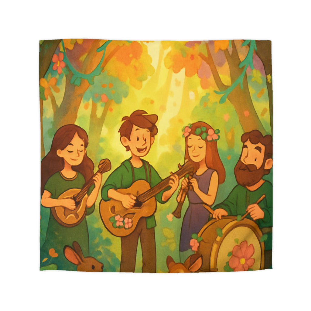 Housse de couette musicale enchantée forêt, animaux, motifs vibrants pour chambre féerique