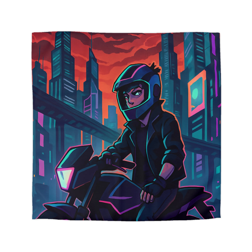 Housse de couette urbaine avec motard futuriste dans une ville de néons colorés