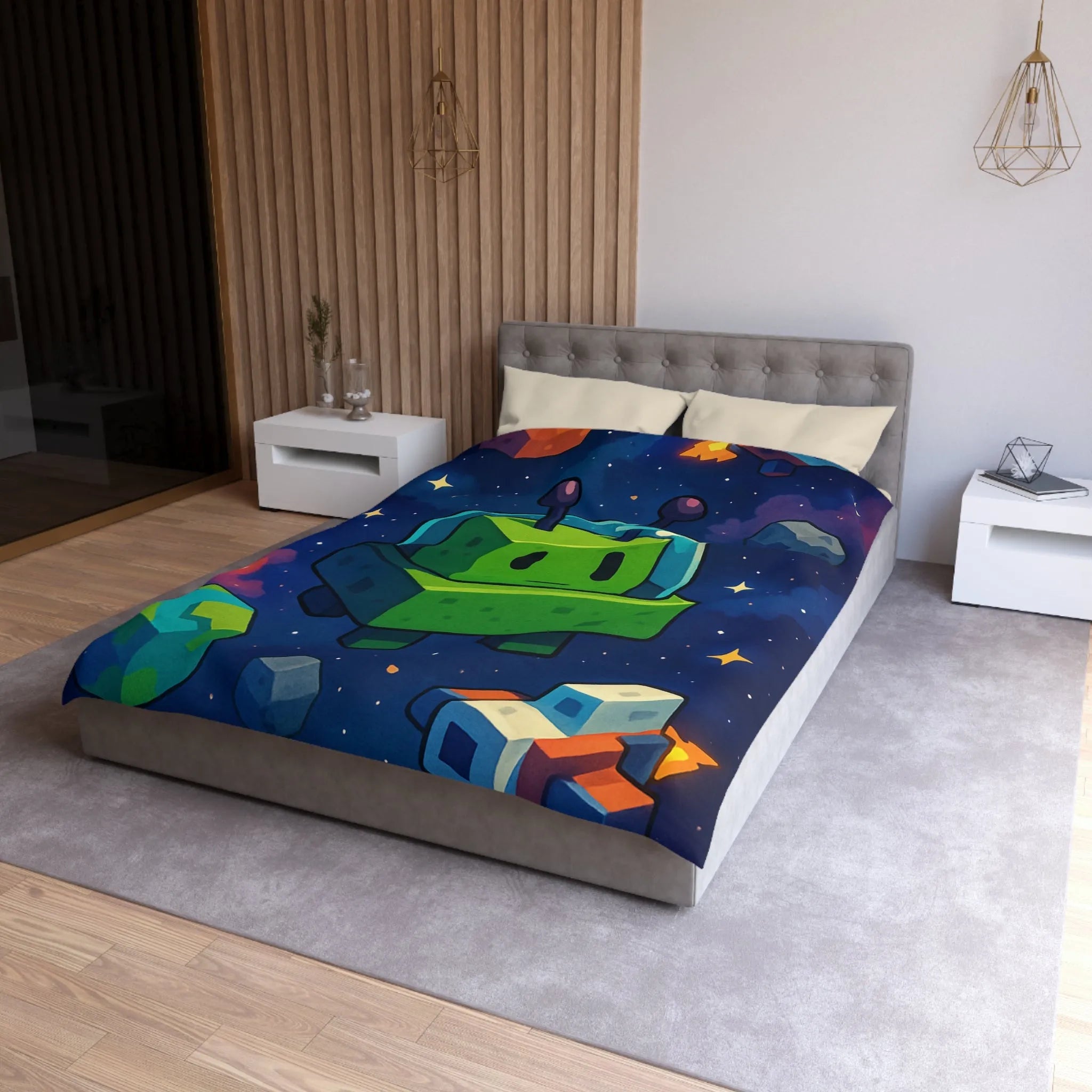 Housse de Couette Cosmos mignon extraterrestre vert cubique et planètes pixelisées