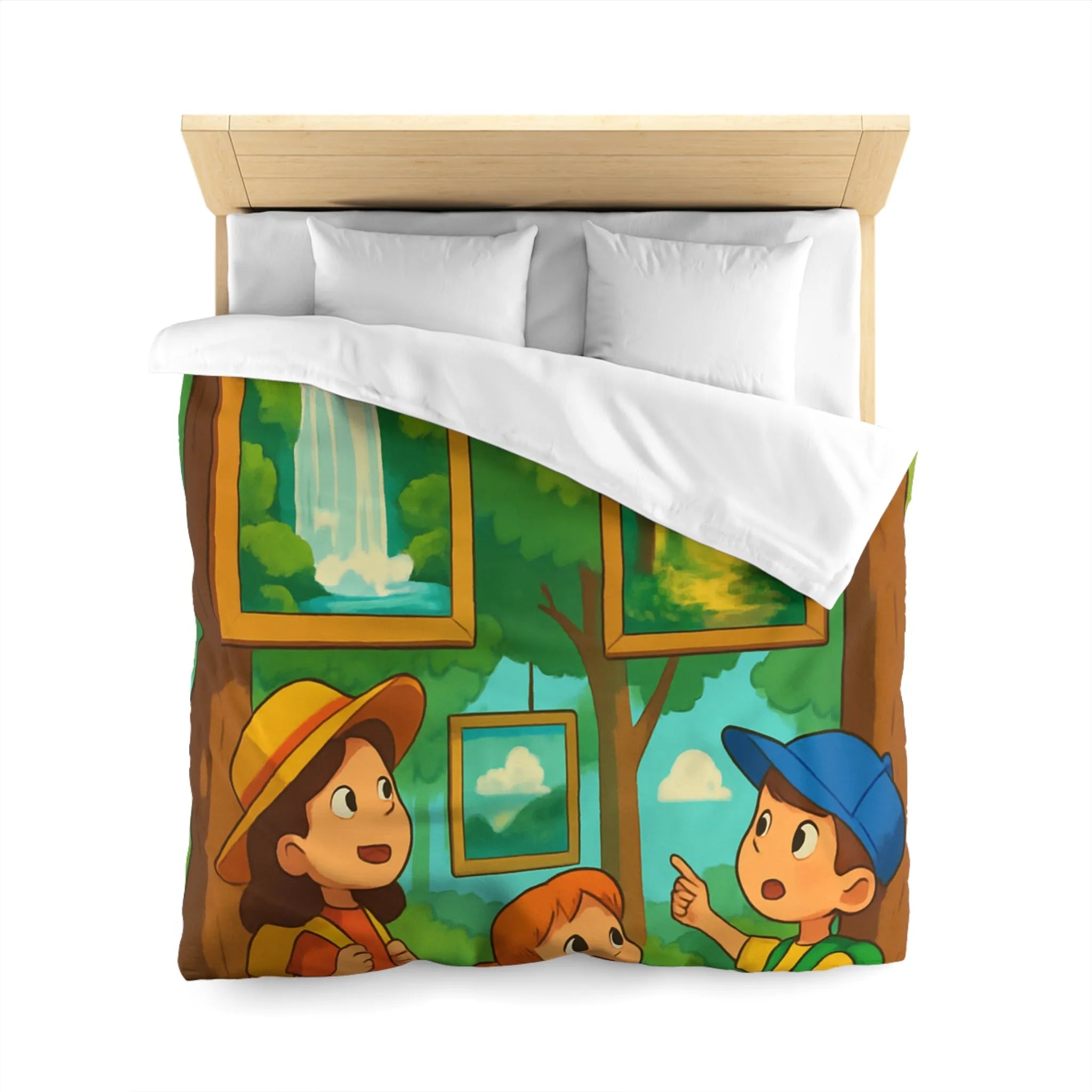 Housse de couette enfantine avec scène de forêt, cascades et exploration nature féérique