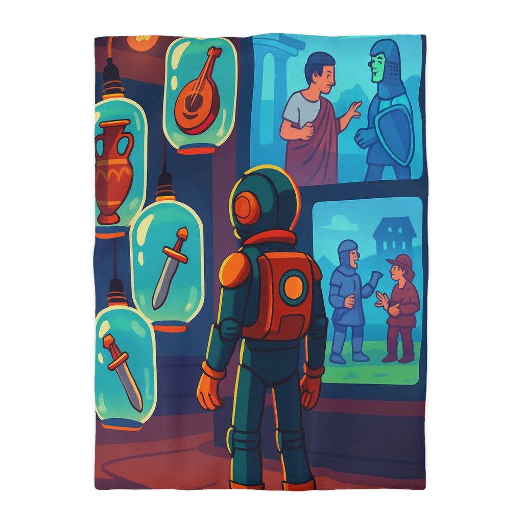 Décoration Housse de Couette Inspiration Rétro-Futuriste avec Motifs Gladiateurs et Exploration Spatiale