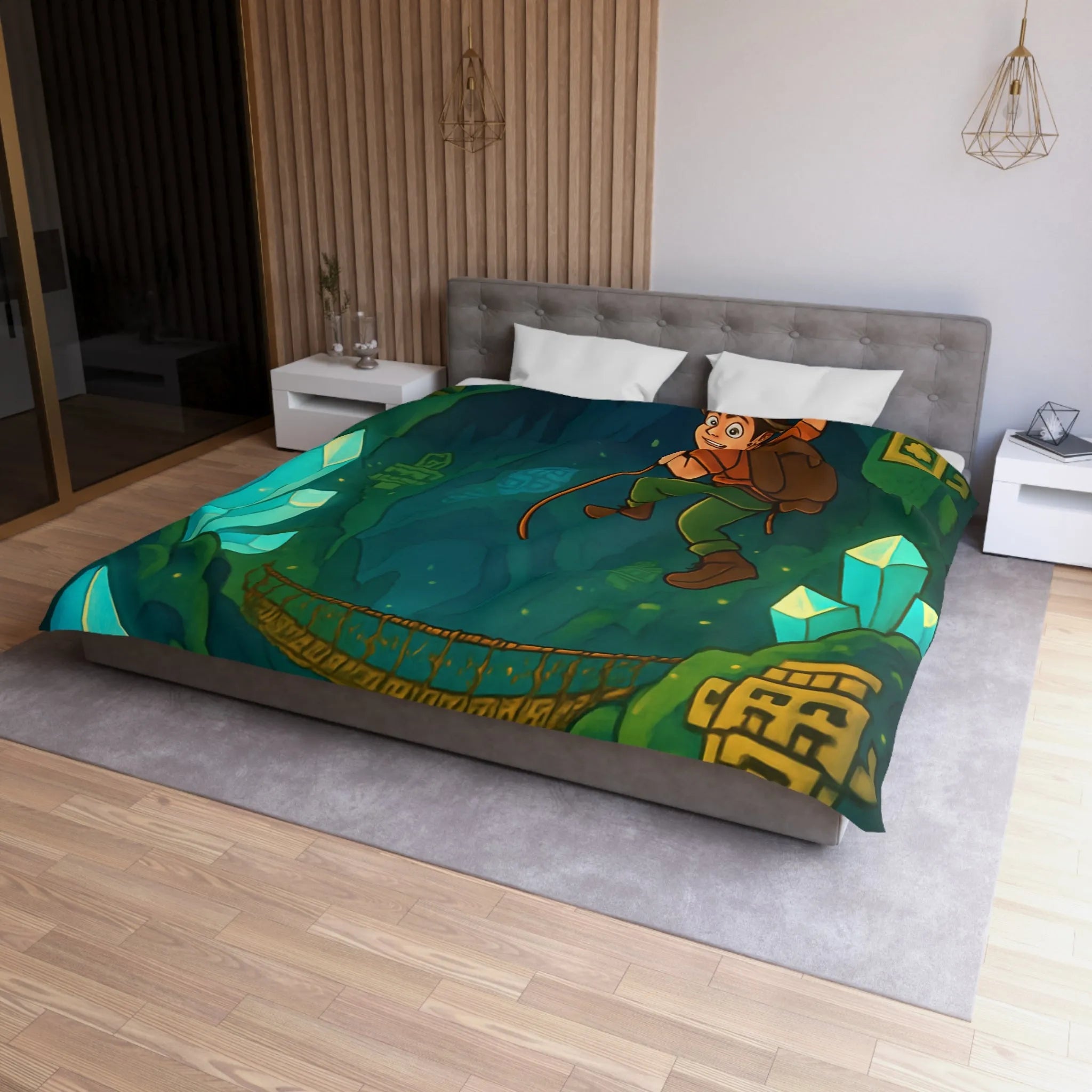 Explorateur suspendu dans une mystérieuse caverne remplie de cristaux et de mystères anciens