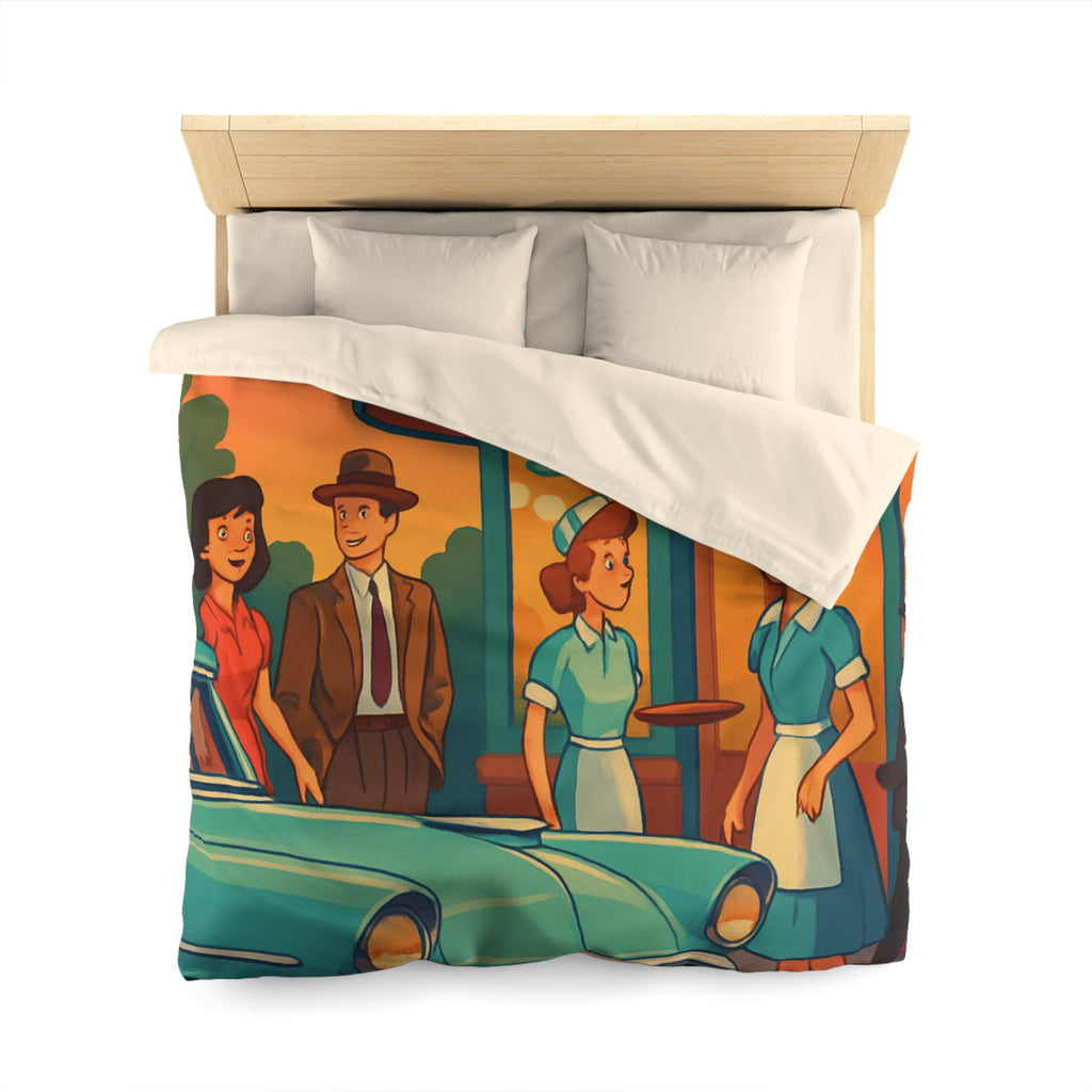 Housse de couette rétro avec illustration de café américain et voiture vintage