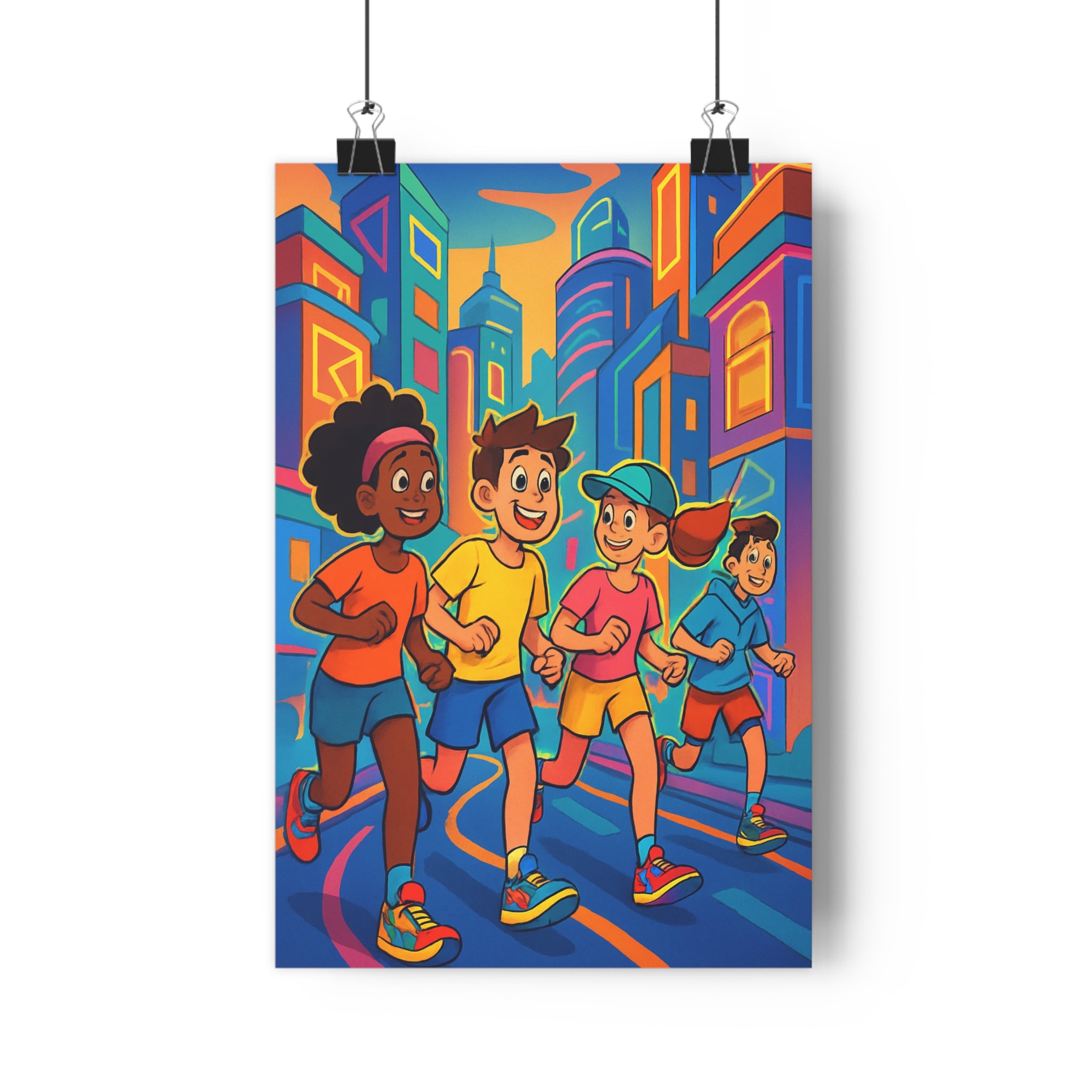 Poster décoratif aventure urbaine enfants cartoon bleu orange rose chambre moderne coloré joyeux dynamique