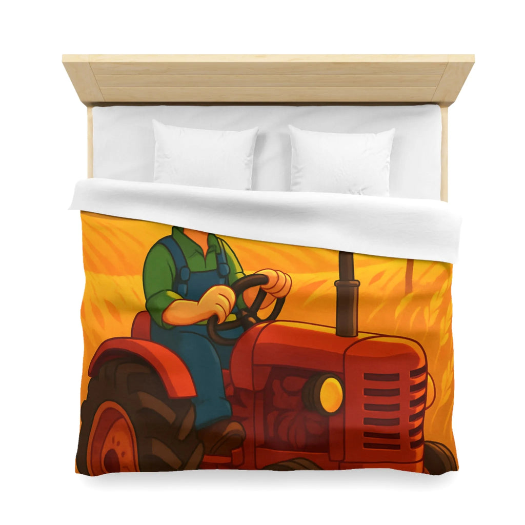 Housse de couette avec motif champêtre : tracteur, épouvantail et champ sous soleil couchant