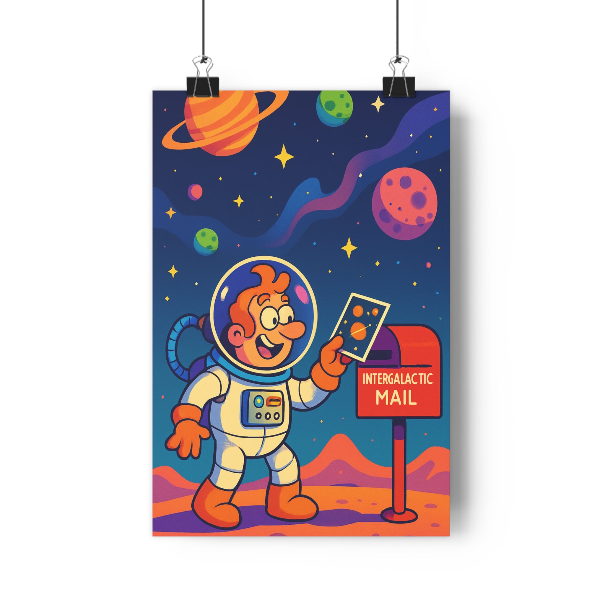Poster décoratif rétrofuturiste néon astronaute espace étoiles planètes chambre enfant créatif coloré 30x46 cm