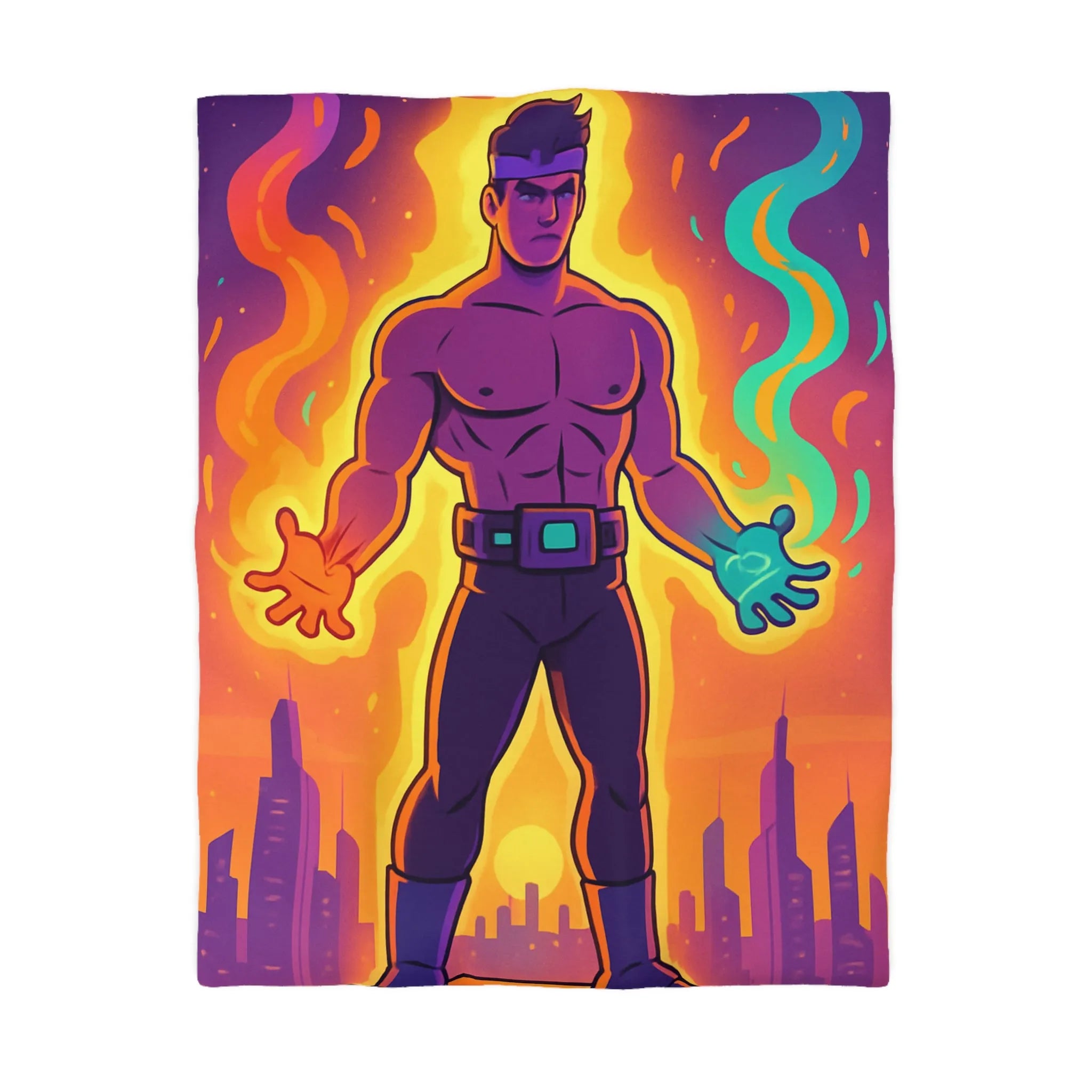 Housse de couette avec héros des éléments enflammés et lumineux sur fond de ville