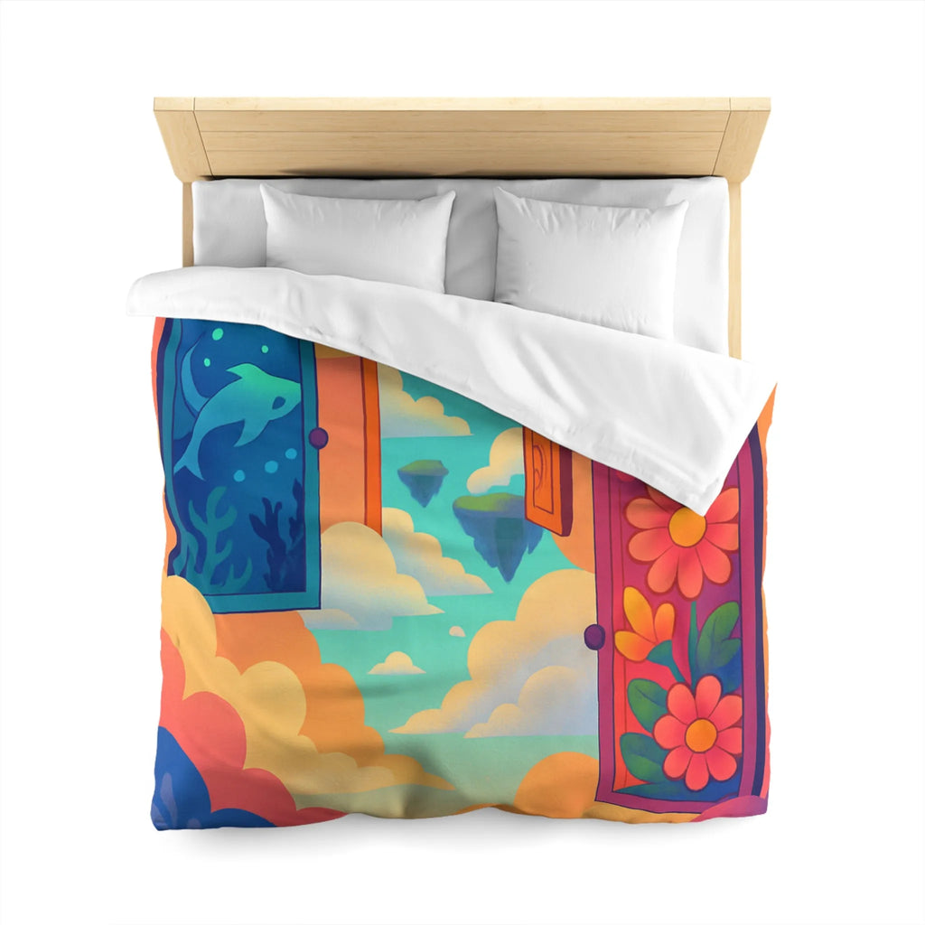 Housse de couette colorée avec trois portes magiques et paysages oniriques enchanteurs