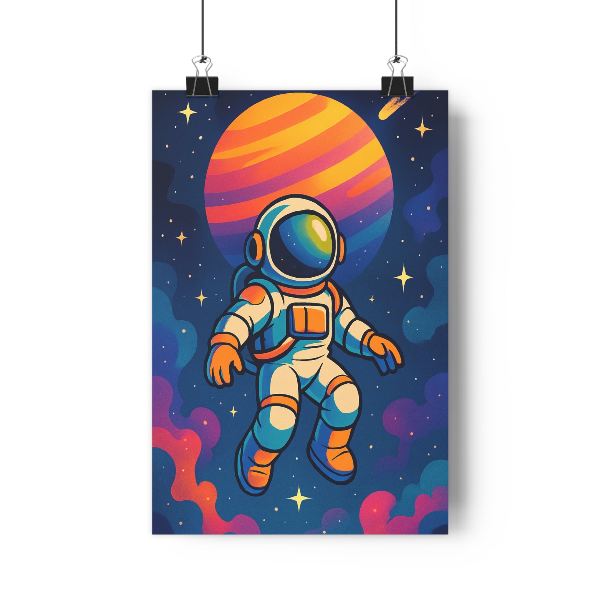 Poster décoratif cosmos astronaute jaune orange violet futuriste mystique chambre bureau ambiance rêve 30x46