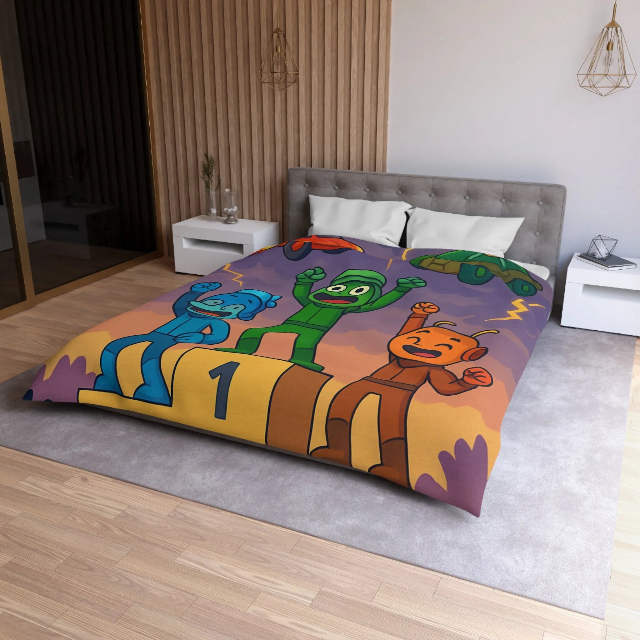 Housse de couette colorée avec podium de victoire et voitures exotiques dessinées