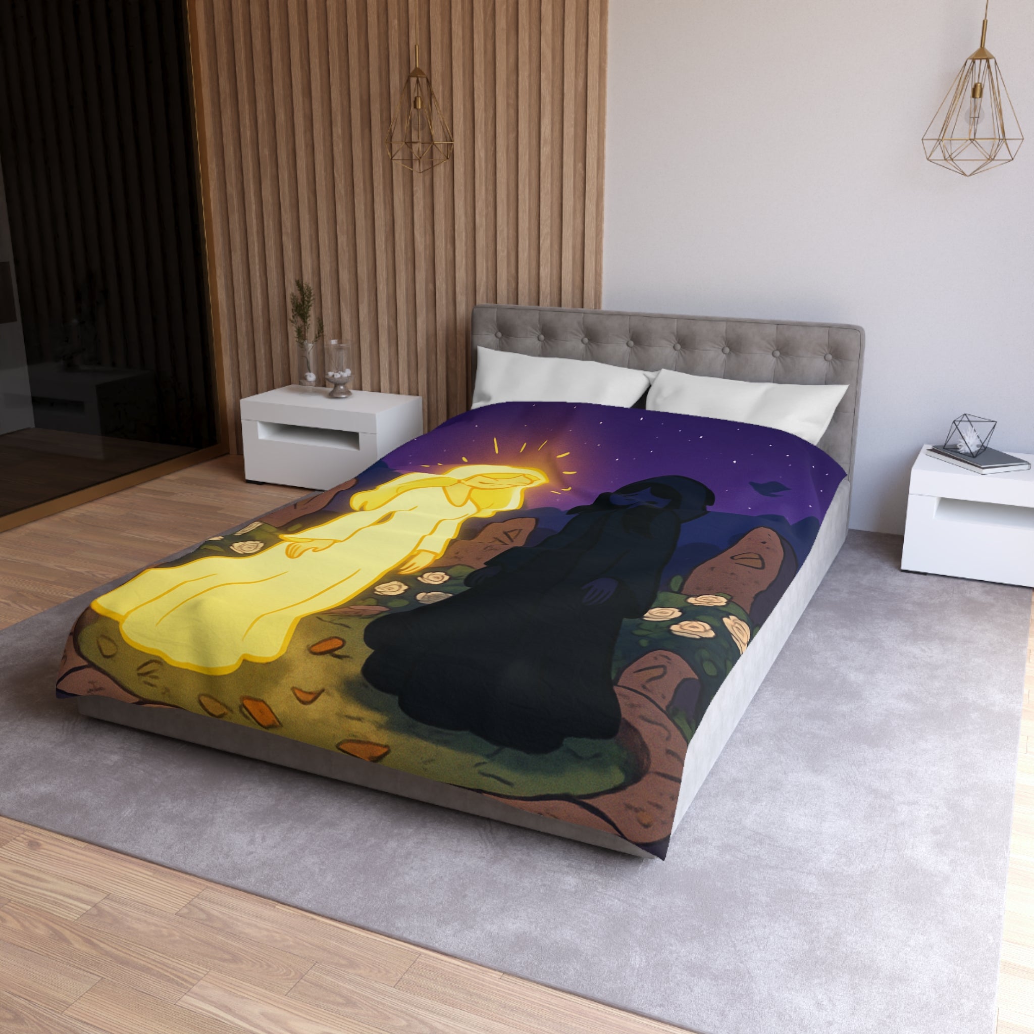 Housse de couette réversible avec deux figures mystérieuses en contraste lumineux, nature étoilée