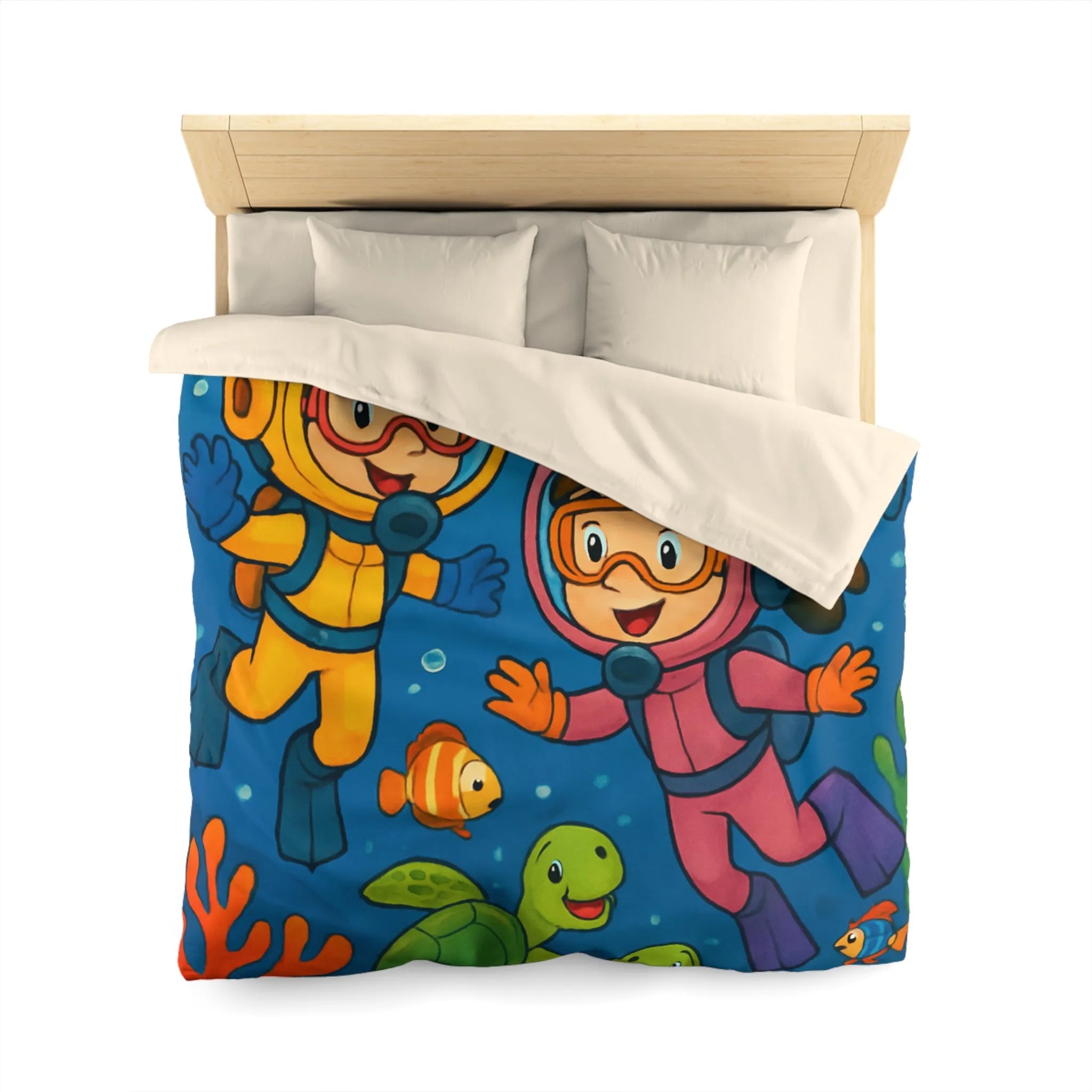 Housse de couette ludique pour enfant avec plongeurs et animaux marins multicolores