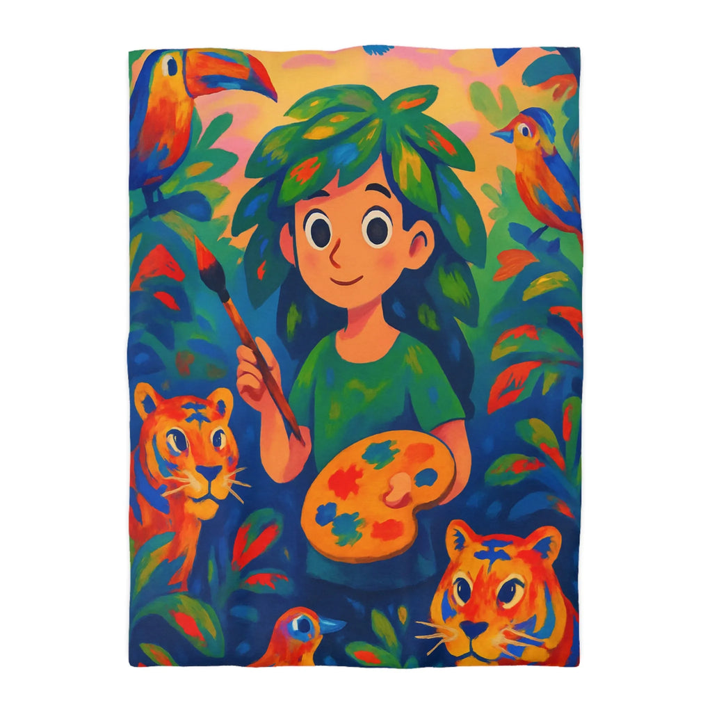 Housse de couette colorée avec tigres et artiste dans une jungle vibrante