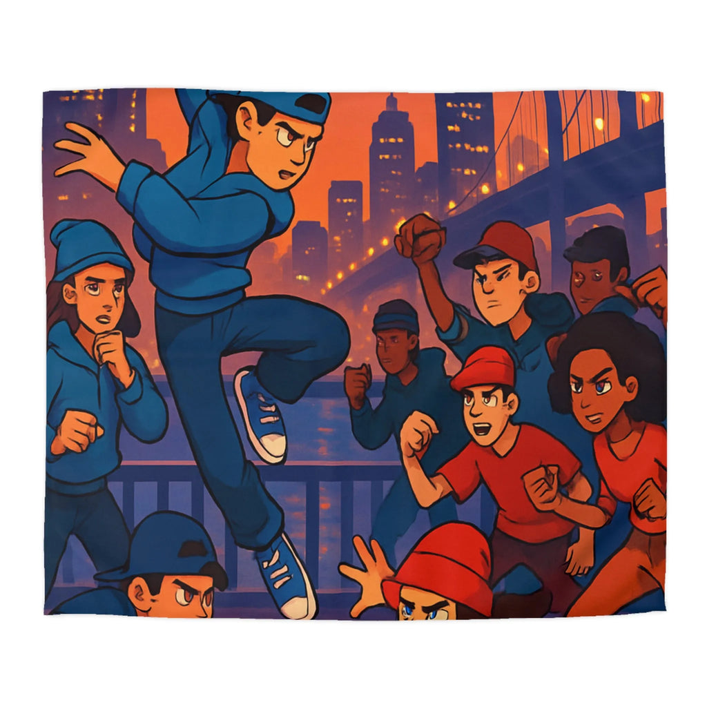 Housse de couette illustrée avec danseurs urbains dynamiques sur fond de pont illuminé