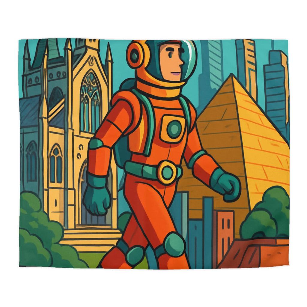 Housse de Couette Astronaute avec Paysages Urbains et Architecturaux, Couleurs Vives et Design Moderne