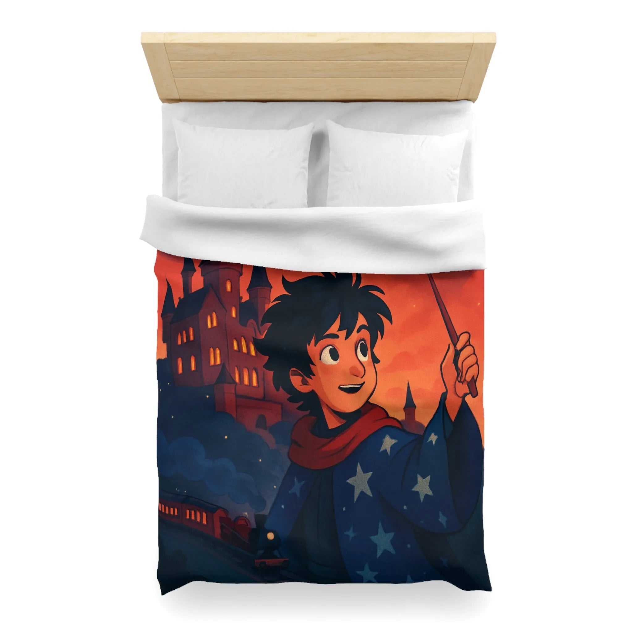 Housse de Couette Enfant Magie Château Nuit Feu d'Artifice Dragon et Hibou
