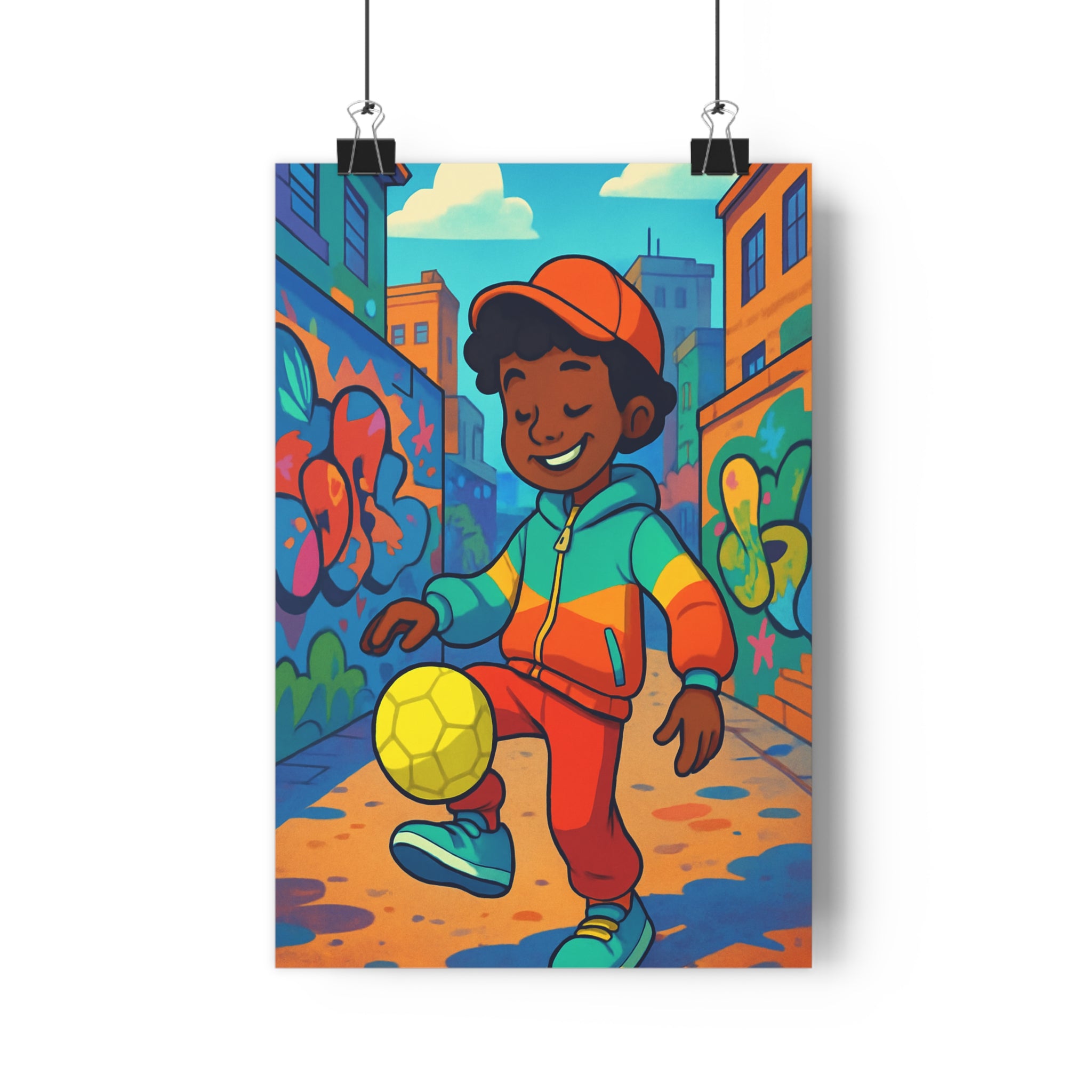 Poster décoratif urbain coloré orange bleu jaune football enfant graffiti dynamique chambre joyeux 30x46