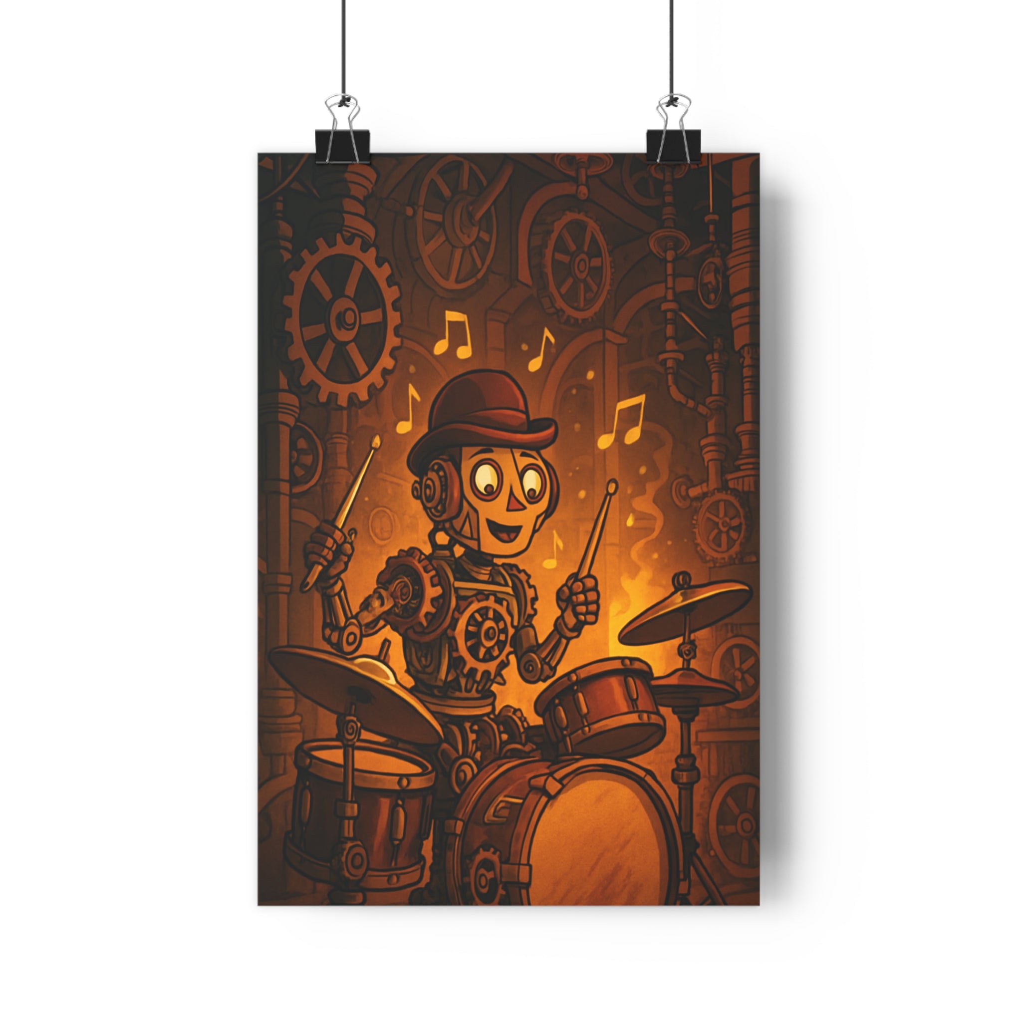 Poster décoratif rétro steampunk cuivre or industriel bureau musique automate robot engrenages chapeau 30x46