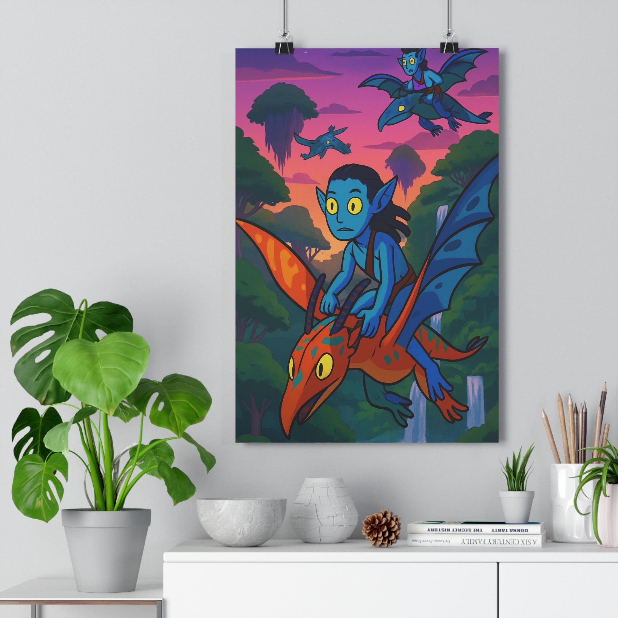 Poster décoratif créatures volantes bleu orange vert cartoon fantastique aventure salon chambre design vibrant