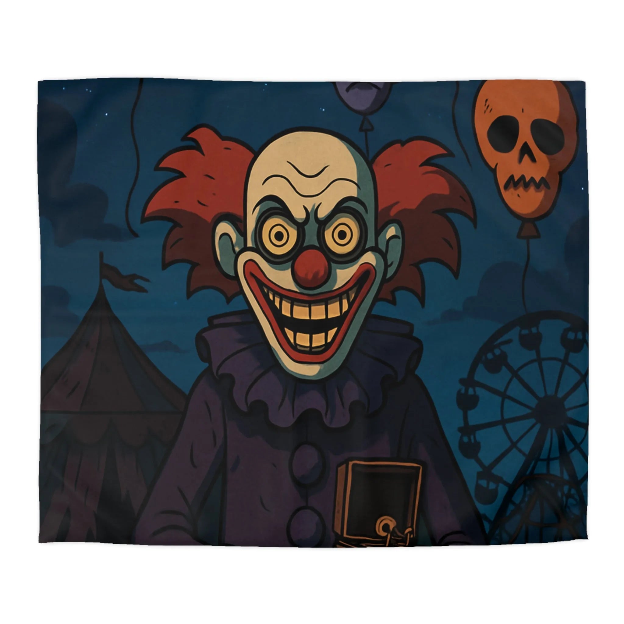 Housse de couette effrayante de clown sinistre avec ballons et fête foraine sombre