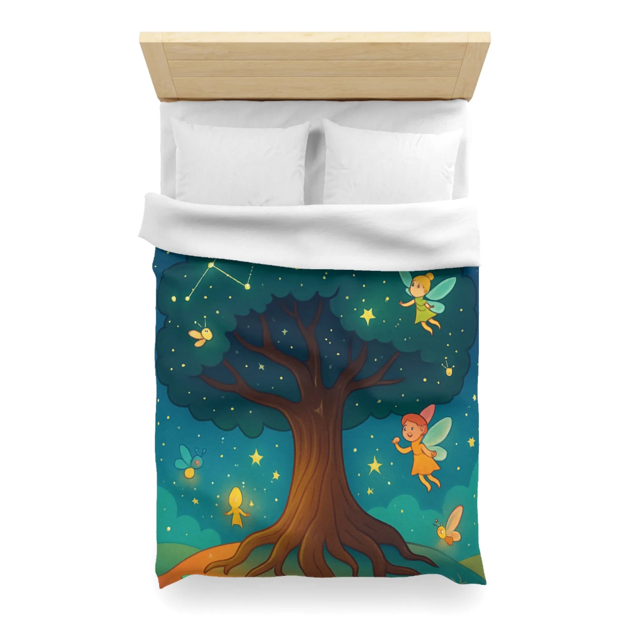 Housse de couette féérique avec arbre enchanté et fées sous les constellations étoilées