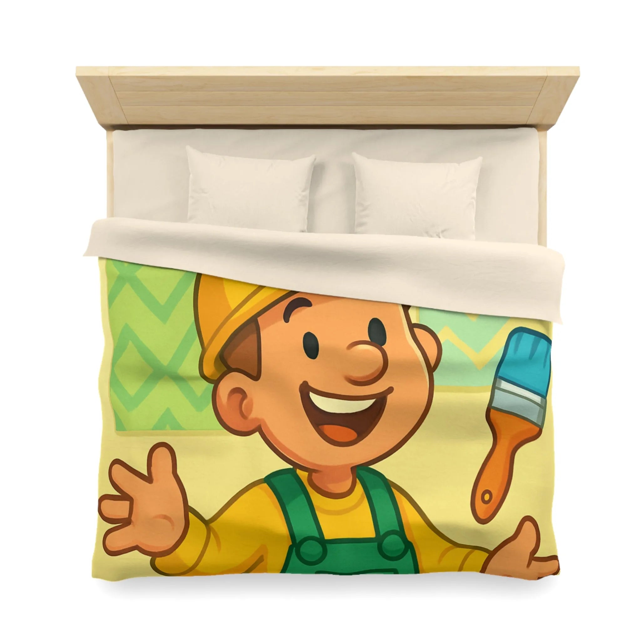 Housse de couette joyeuse pour enfants avec outils de bricolage et personnage souriant