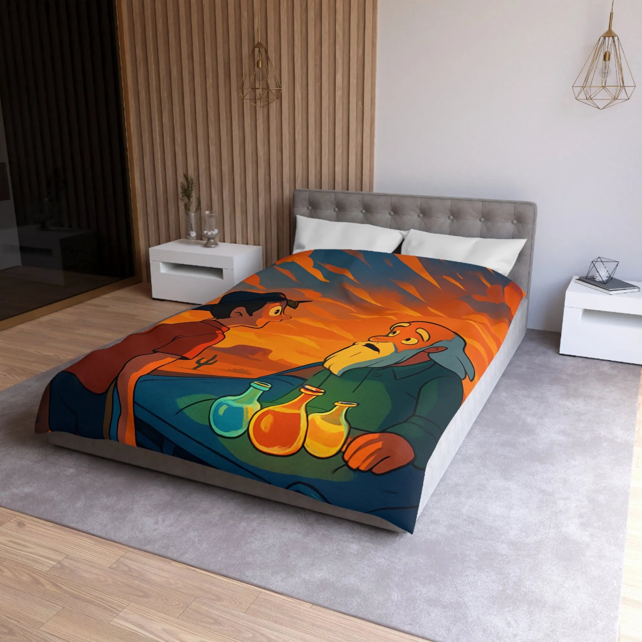 Housse de couette artistique coucher de soleil désertique avec flacons lumineux et personnages