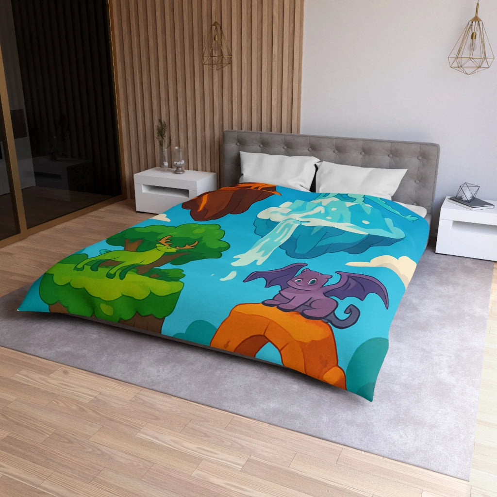 Housse de couette fantasy avec îles flottantes et créatures magiques colorées