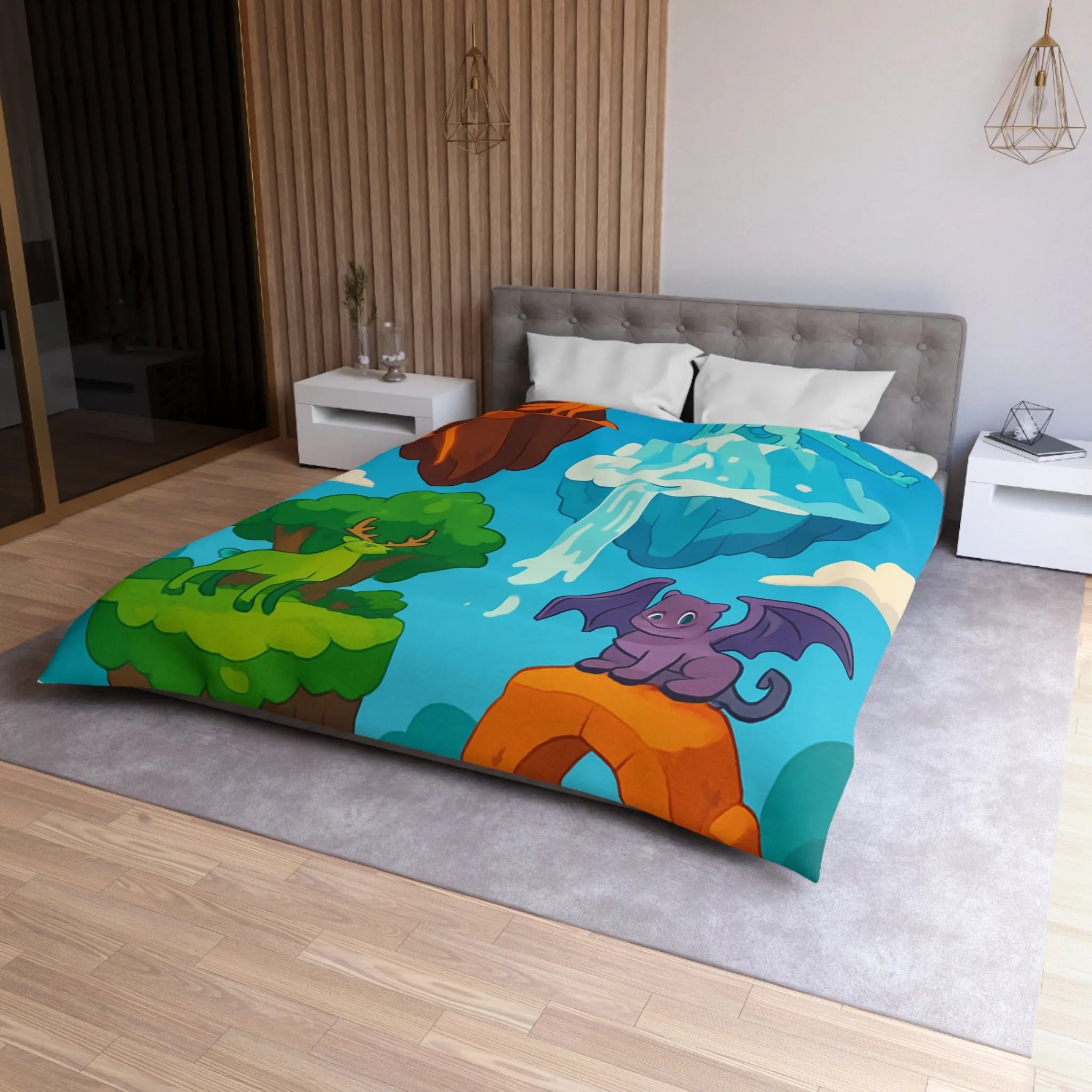 Housse de couette fantasy avec îles flottantes et créatures magiques colorées