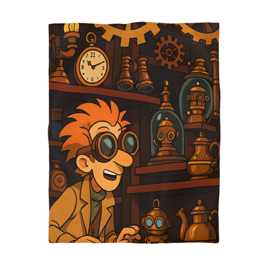 Housse de couette steampunk avec engrenages dorés et inventeur aux lunettes futuristes